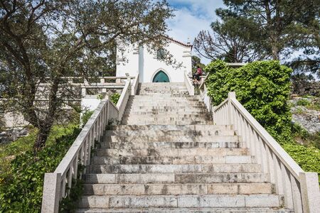 Vila Cha near Esposende - May 9, 2018: architectural detail of the chapel of S. Lourenco offering a...
