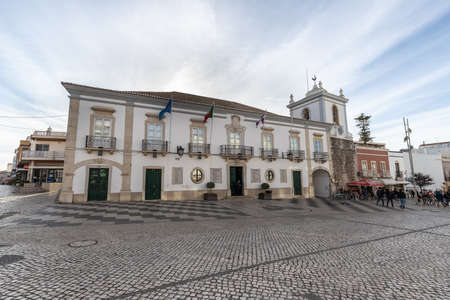 Loule, Faro, Portugal - February 25, 2020: detail of architecture of the city hall in the historic...