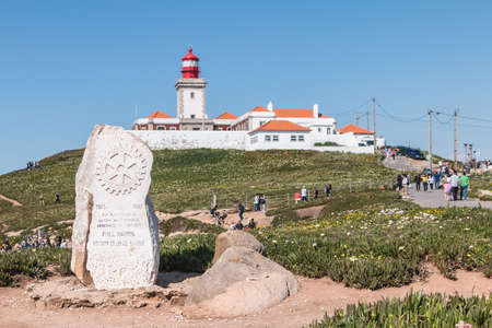 Cabo da Roca near Sintra, Portugal - May 6, 2018: atmosphere around the cabo de roca lighthouse, the western point of continental Europe on a spring dayのeditorial素材