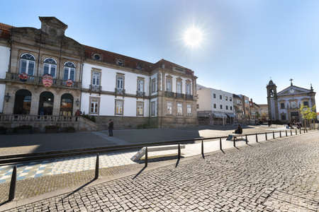 Ovar, Portugal - February 18, 2020: detail of architecture of the town hall in the historic city...