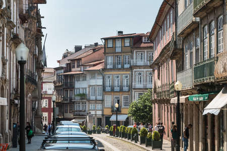 Guimaraes, Portugal - May 10, 2018: Architecture detail of houses typical of the small streets of...