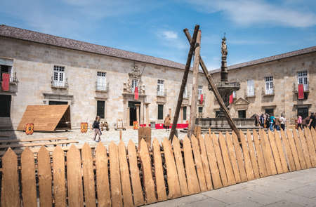 Braga, Portugal - May 23, 2018: View of the University of Minho - Rectory decorated for the annual event of the city Braga Romana (Roman Braga) that people visit on a spring dayのeditorial素材