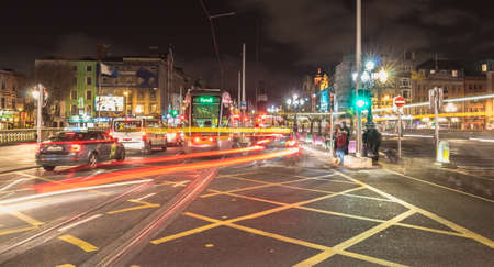 Dublin, Ireland - February 15, 2019: street atmosphere and architectural detail at night in the...
