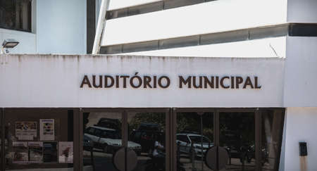 Albufeira, Portugal - May 4, 2018: architectural detail of the municipal auditorium and the...