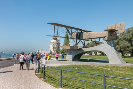 Lisbon, Portugal - May 7, 2018: Tourists walking next to Fairey III-D aircraft, Replica of the first aircraft that made the first crossing of the South Atlantic by Gago Coutinho and Sacadura Cabralのeditorial素材