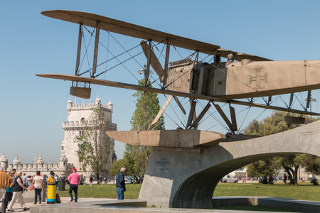 Lisbon, Portugal - May 7, 2018: Tourists walking next to Fairey III-D aircraft, Replica of the first aircraft that made the first crossing of the South Atlantic by Gago Coutinho and Sacadura Cabralのeditorial素材