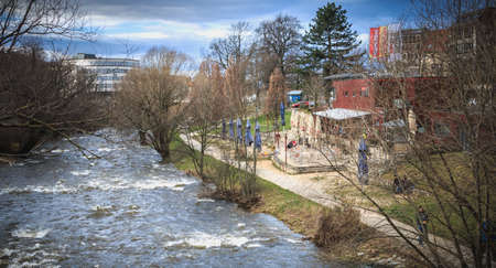 Freiburg im Breisgau, Germany - December 31, 2017 - View of the Dreisam river in the city center on...