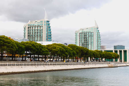Lisbon, Portugal - October 27, 2020: General view of the Park of Nations with its 2 modern towers:...