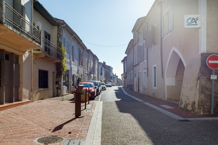 Monflanquin, France - October 17, 2021: architectural detail of typical houses in the city center on an autumn dayのeditorial素材