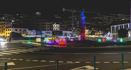 Funchal, Madeira Island, Portugal - December 26, 2021: People walking in the marina decorated for Christmas for the holiday seasonのeditorial素材