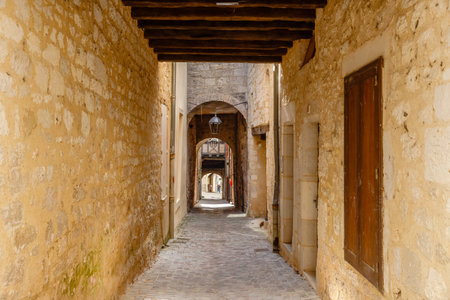 Monflanquin, France - October 17, 2021: architectural detail of typical houses in the city center on an autumn dayのeditorial素材