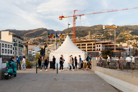 Funchal, Madeira Island, Portugal - December 31, 2021: People waiting in front of a mobile COVID test tent on the port of Funchal before the New Year's Day fireworks display in winterのeditorial素材