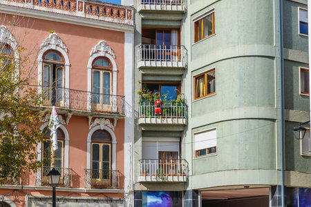 Figueira da Foz, Coimbra, Portugal - October 26, 2020: Architecture detail of typical house in the historic city center on an autumn dayのeditorial素材
