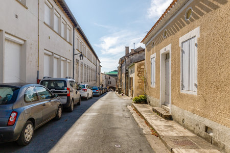 Monflanquin, France - October 17, 2021: architectural detail of typical houses in the city center on an autumn dayのeditorial素材