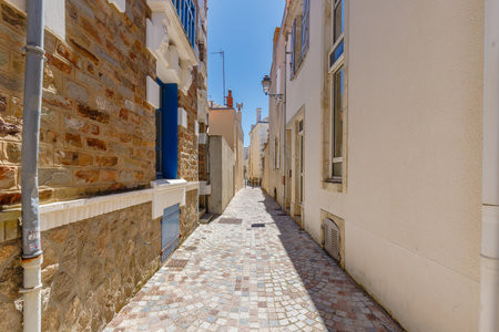 Les Sables d olonnes, France - July 10, 2022: architecture detail of residential houses in the streets of the historic city center on a summer day.のeditorial素材