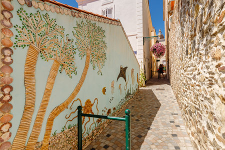 les Sables d Olonne, France - July 10, 2022: architecture detail of the L Ile Penotte district where the houses are decorated with mosaics made of multicolored seashells. These decorations are the work of DaniÃ¨le Arnaud-Aubin: the "Lady of the shells".のeditorial素材