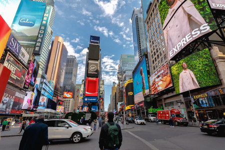 New York, Manhattan, USA - February 15, 2023: View of Times Square with advertising screens and...