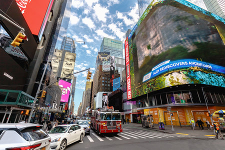 New York, Manhattan, USA - February 15, 2023: View of Times Square with advertising screens and...