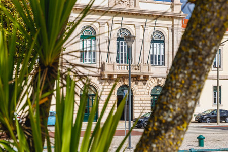 Figueira da Foz, Portugal - October 26, 2020: street atmosphere and architectural detail of the town hall in historic city center on an autumn dayのeditorial素材