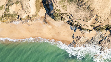 small cove near Sauzaie beach in BrÃ©tignolle sur Mer, Vendee, France aerial view by drone in good weather on a winter dayの写真素材
