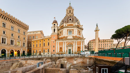 Rome, Italy - December 27, 2023: facade of Santa Maria di Loreto church on a winter day