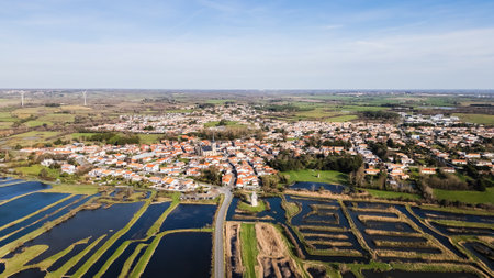 drone view of the salt marshes of Ile d Olonne, Vendee, France on a winter day in good weatherの写真素材