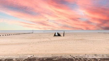 Romney Marsh sand beach, near Folkestone, England on a winter's dayの写真素材