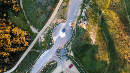 Aerial view of a roundabout at La Gachere in Brem sur Mer, Vendee, France on a winter day at sunsetの写真素材
