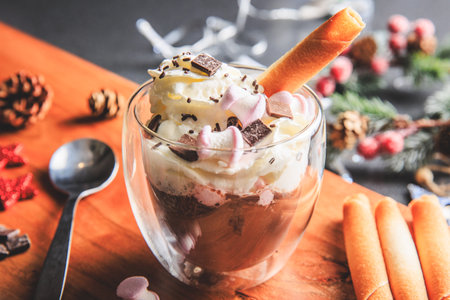 Traditional hot chocolate with whipped cream, marshmallows and chocolate shavings in the studioの写真素材