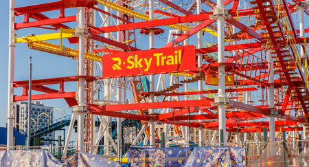 Brooklyn, New York City, USA - February 18, 2023: Entrance to the closed seaside Sky Train roller...