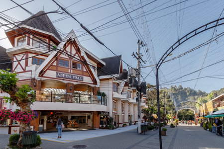Campos do Jordao, Brazil - October 22, 2025: Architecture and atmosphere of the Aspen Mall decorated for Christmas on a spring dayのeditorial素材