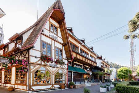 Campos do Jordao, Brazil - October 22, 2025: Architecture and street atmosphere in the historic city center preparing for the Christmas holidays on a spring dayのeditorial素材
