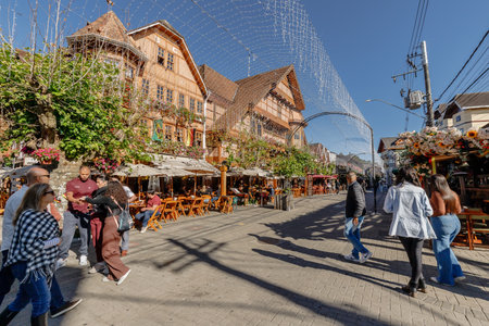 Campos do Jordao, Brazil - October 22, 2025: Architecture and street atmosphere in the historic city center preparing for the Christmas holidays on a spring dayのeditorial素材