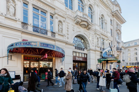 Greater London, England, United Kingdom - January 3, 2025: Architectural detail and atmosphere of the famous Piccadilly Circus on a winter dayのeditorial素材