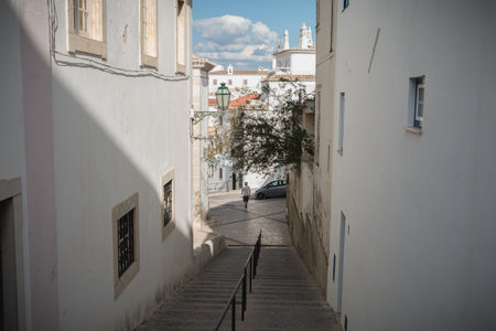 Albufeira, Portugal - May 3, 2018: architecture detail of typical houses in the historic city center on a spring sunny dayのeditorial素材