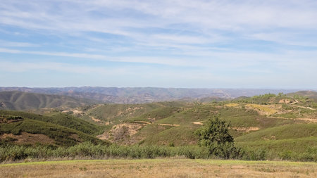 View of the highest point in the Eastern Algarve, Alcaria do Cume, 525 meters above sea level. Near Santa Catarina da Fonte do Bispo, Tavira, Portugal on an autumn dayの写真素材