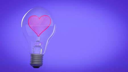 Light bulb with a red heart on a purple background. Love concept. 3D renderingの写真素材