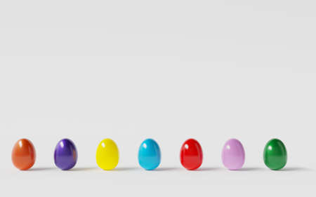 Colorful Easter eggs lined up next to each other. Spring holiday concept. 3D rendering