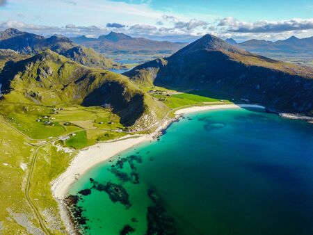 Drone views from Mount Matind near Bleik, in Norwayの写真素材