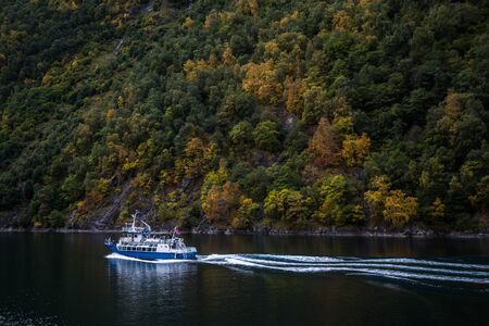 Views of the geiranger fjord from the cruise, in Norwayの写真素材