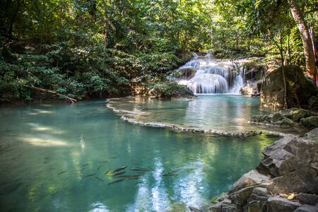 Erawan waterfall views in Kanchanaburi in Thailandの写真素材