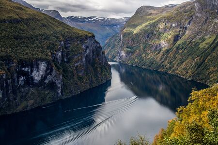 Views of the geiranger fjord from the cruise, in Norwayの写真素材