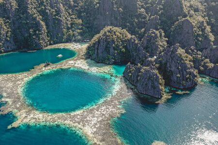 Aerial view of the Twin Lagoon in coron island, Palawan, Philippinesの写真素材