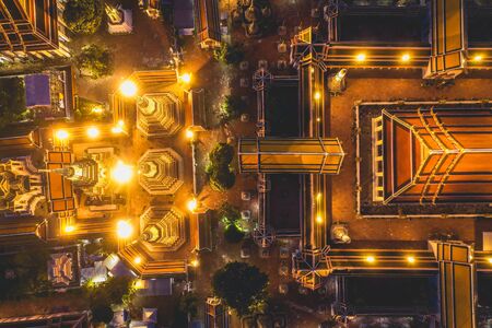 Aerial view of Grand Palace temple in Bangkok Thailand during lockdown covid quarantine at nightの写真素材