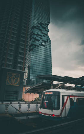 Chong Nonsi skywalk arch bridge at sky train station BTS in Sathorn business district in Bangkok Thailandの写真素材