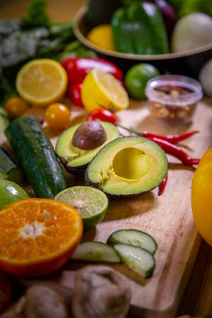 Healthy food clean eating selection: fruit, vegetable, seeds, superfood, leaf vegetable and mediterranean dishes. Detox and clean diet. Foods high in vitamins, minerals and antioxidants.の写真素材