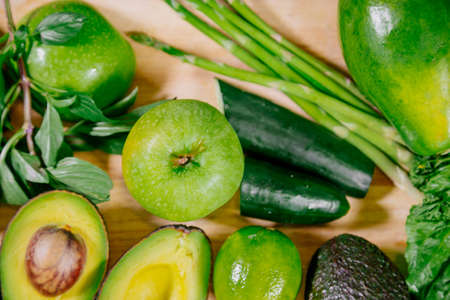 Healthy food clean eating selection: fruit, vegetable, seeds, superfood, leaf vegetable and mediterranean dishes. Detox and clean diet. Foods high in vitamins, minerals and antioxidants.の写真素材