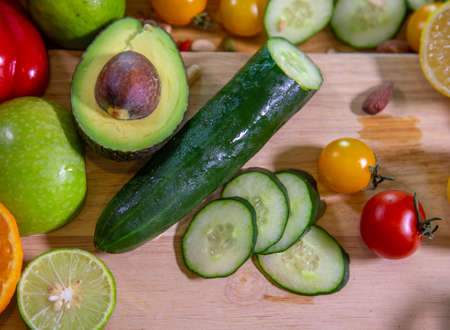 Healthy food clean eating selection: fruit, vegetable, seeds, superfood, leaf vegetable and mediterranean dishes. Detox and clean diet. Foods high in vitamins, minerals and antioxidants.の写真素材