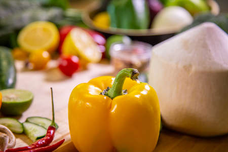 Healthy food clean eating selection: fruit, vegetable, seeds, superfood, leaf vegetable and mediterranean dishes. Detox and clean diet. Foods high in vitamins, minerals and antioxidants.の写真素材