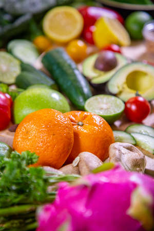 Healthy food clean eating selection: fruit, vegetable, seeds, superfood, leaf vegetable and mediterranean dishes. Detox and clean diet. Foods high in vitamins, minerals and antioxidants.の写真素材